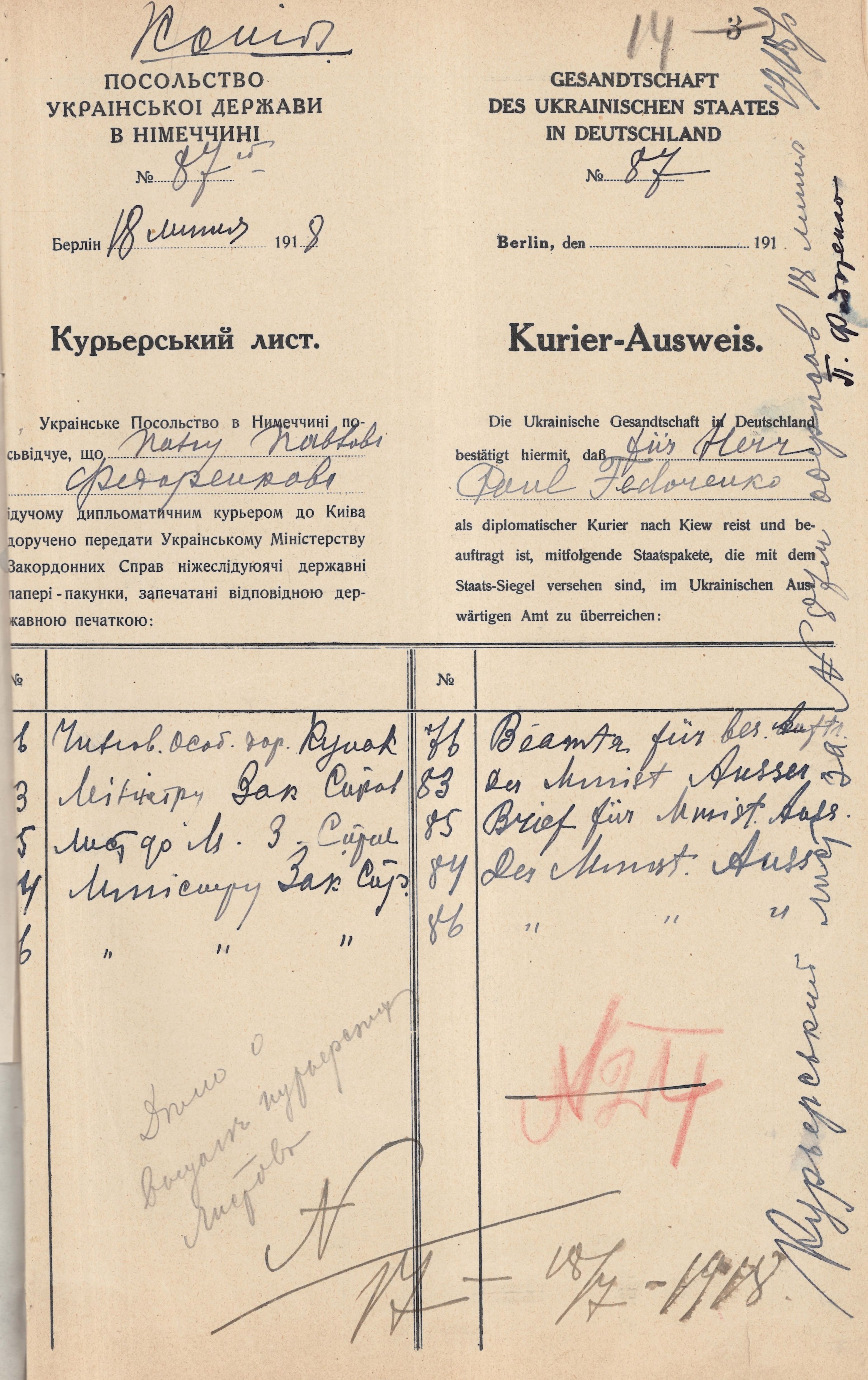 Кур’єрські листи, видані Посольством Української Держави в Німеччині