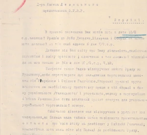 Лист Уповноваженого Уряду для справ закордонних Степана Витвицького до Представника ЗУНР в Берліні Євгена Левицького з інформацією про зовнішню  політику