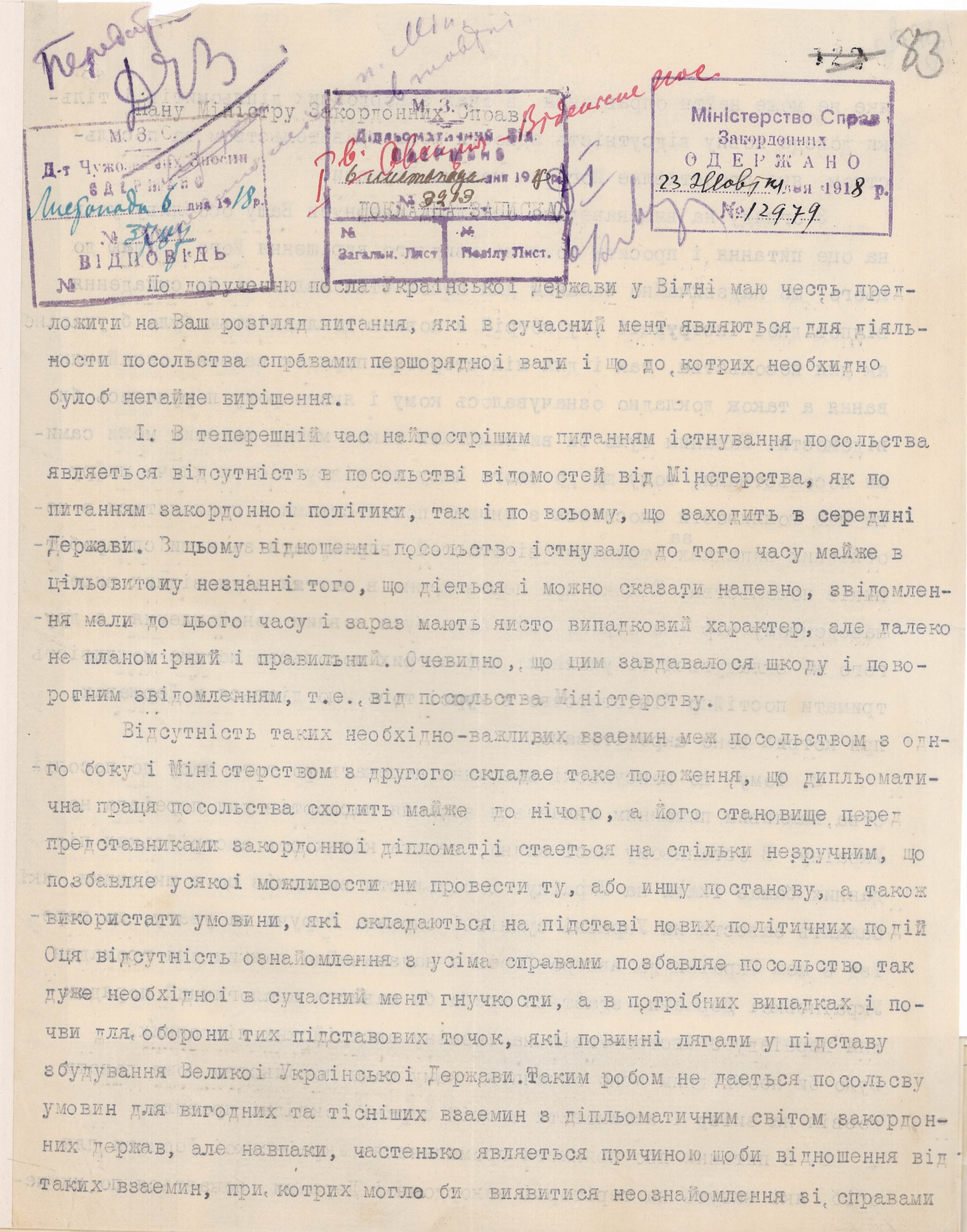 Лист Товариша Міністра закордонних справ Василя Кочубея, написаний за дорученням Посла Української Держави у Відні (Австро-Угорщина) В'ячеслава Липинського до Міністра закордонних справ Української Держави Дмитра Дорошенка, з метою вирішення нагальних питань у роботі посольства