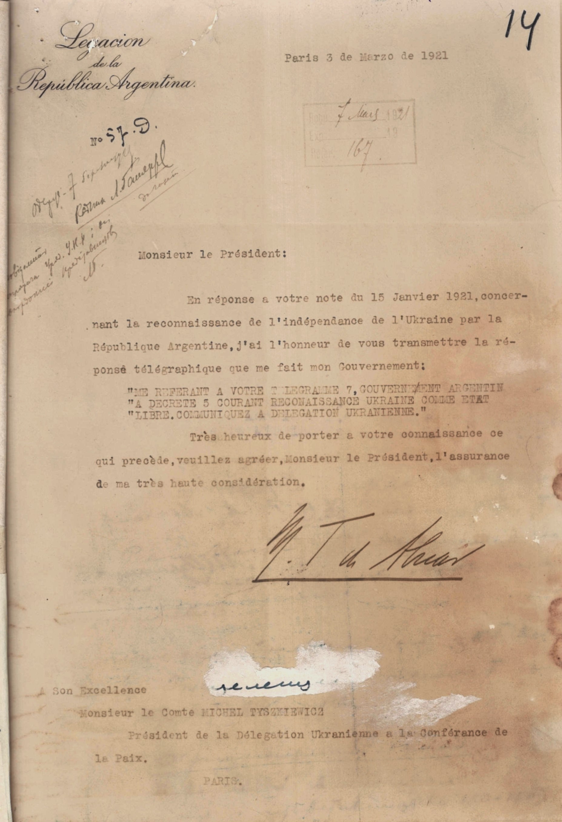 Letter from the Embassy of the Argentine Republic on the recognition of the Independence of the Ukrainian National Republic by the Argentine Republic