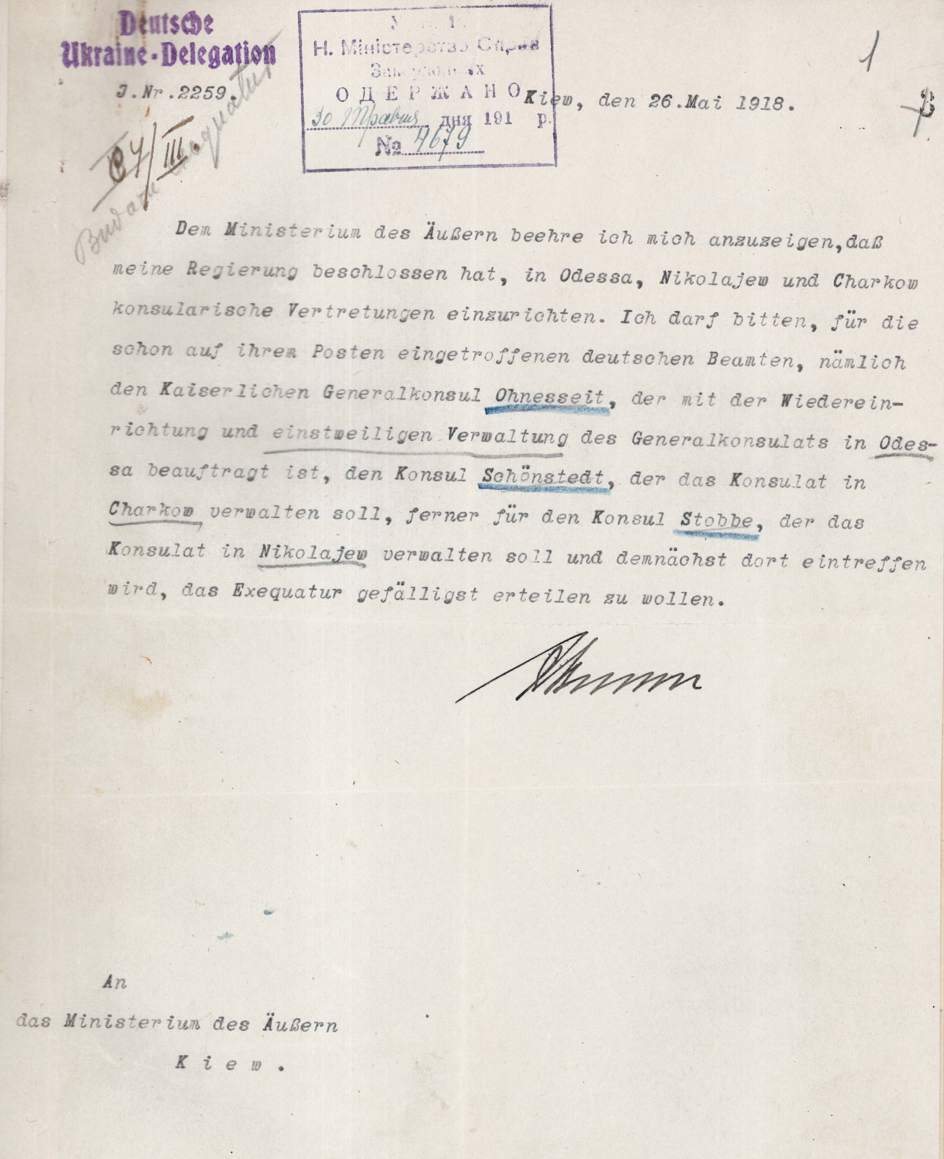 Letters from Baron Freiherr Mumm von Schwarzenstein to the Ministry of Foreign Affairs of the Ukrainian State on the appointment of consuls to Odesa, Mykolaiv, Kharkiv, and Katerynoslav (now Dnipro)