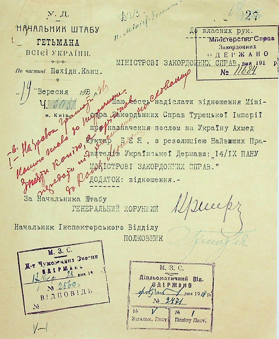 Лист начальника штабу Гетьмана всієї України до Міністерства закордонних справ Української Держави про надсилання листа щодо надання послу Туреччини Ахмеду Мухтару-бею Моллаогли повноважень дипломатичного представника в Україні