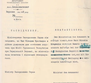 Посвідчення урядовця з особливих доручень при Місії Грузинської Республіки Никодима Брегвадзе
