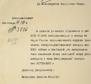 Лист до Міністерства внутрішніх справ Української Держави про виїзд Консула Гавриїла Енні до Швейцарії