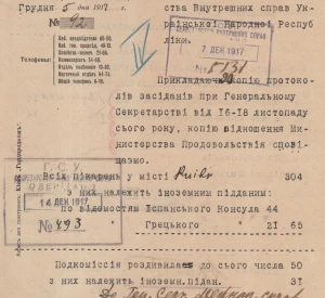 Лист Київської міської продовольчої управи до Генерального секретарства внутрішніх справ УНР про кількість хлібопекарень, що належали іноземним громадянам у Києві