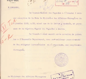 Лист Генерального консула Нідерландів у Києві Тімона Фоккера до Міністерства закордонних справ УНР з підтвердженням про отримання ноти від міністерства та долученого до неї листа Королівської делегації Нідерландів у Берліні