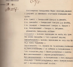 Лист Міністерства закордонних справ Української Держави до Міністерства внутрішніх справ з повідомленням про чинні німецькі консульства в Україні