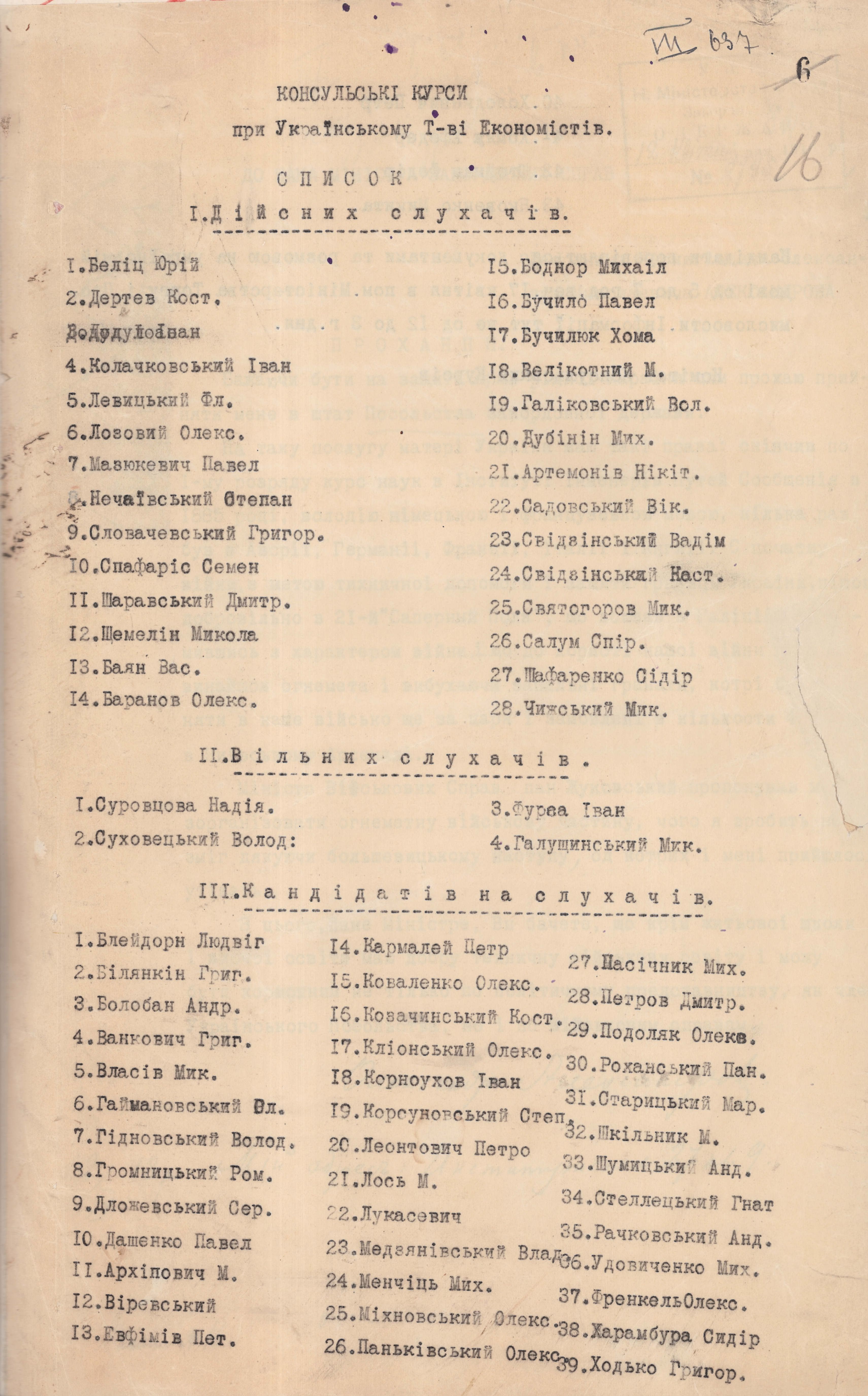 Список слухачів Консульських курсів при Українському товаристві економістів