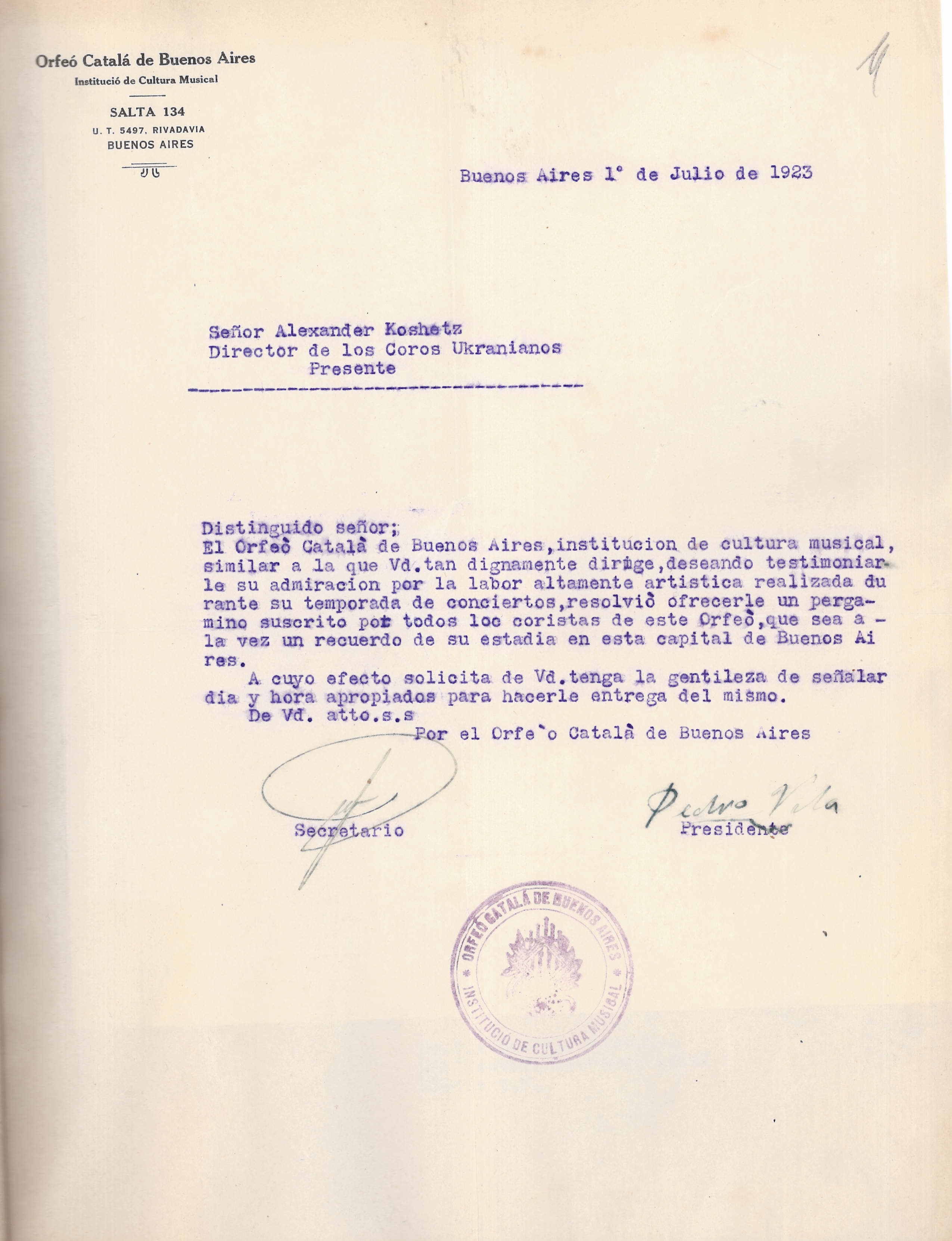 Letter from the Buenos Aires musical institution "Orfeo Catala" (Argentina) to the conductor of the Ukrainian National Capella, Oleksandr Koshyts